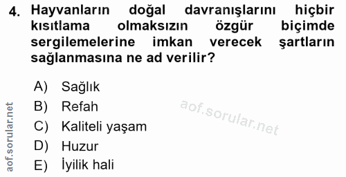 4. soru: Hayvanların doğal davranışlarını hiçbir kısıtlama olmaksızın özgür biçimde sergilemelerine imkan verecek şartların sa…