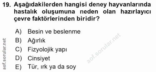 19. soru: Aşağıdakilerden hangisi deney hayvanlarında hastalık oluşumuna neden olan hazırlayıcı çevre faktörlerinden biridir? A…
