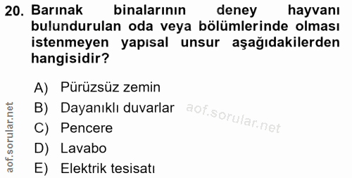 20. soru: Barınak binalarının deney hayvanı bulundurulan oda veya bölümlerinde olması istenmeyen yapısal unsur aşağıdakilerden…