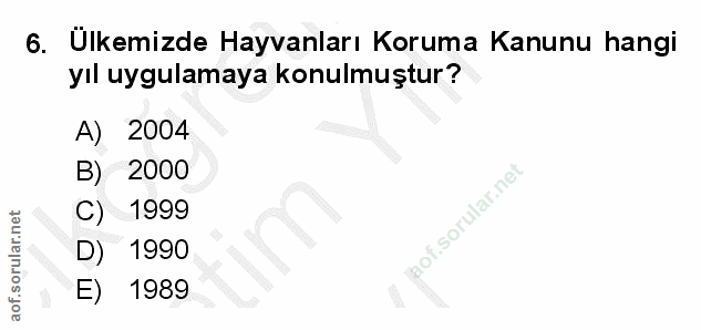 6. soru: Ülkemizde Hayvanları Koruma Kanunu hangi yıl uygulamaya konulmuştur? A) 2004 B) 2000 C) 1999 l D) 1990 E) 1989