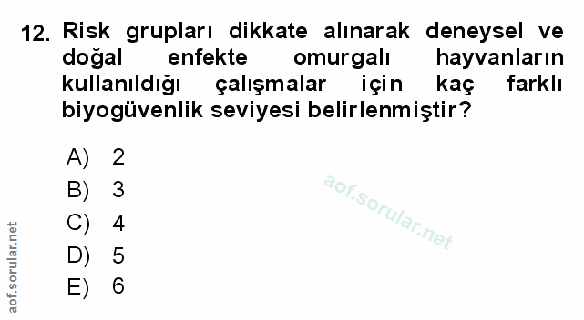 12. soru: Risk grupları dikkate alınarak deneysel ve doğal enfekte omurgali hayvanların kullanıldığı çalışmalar için kaç farklı…