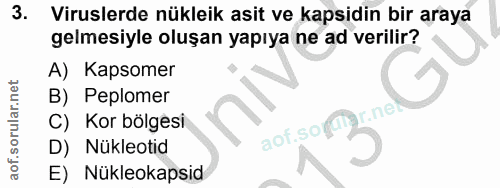 3. soru: Viruslerde nükleik asit ve kapsidin bir araya gelmesiyle oluşan yapıya ne ad verilir? A) Kapsomer B) Peplomer C) Kor…