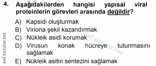 4. soru: Aşağıdakilerden hangisi yapısal viral proteinlerin görevleri arasında değildir? A) Kapsidi oluşturmak B) Viriona şeki…