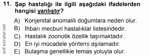 11. soru: Şap hastalığı ile ilgili aşağıdaki ifadelerden hangisi yanlıştır? A) Konjenital anomalili doğumlara neden olur. B) Ih…