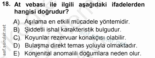 18. soru: At vebası ile ilgili aşağıdaki ifadelerden hangisi doğrudur? A) Aşılama en etkili mücadele yöntemidir. B) Şiddetli is…