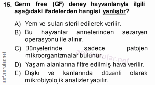 15. soru: Germ free (GF) deney hayvanlarıyla ilgili aşağıdaki ifadelerden hangisi yanlıştır? A) Yem ve suları steril edilerek v…