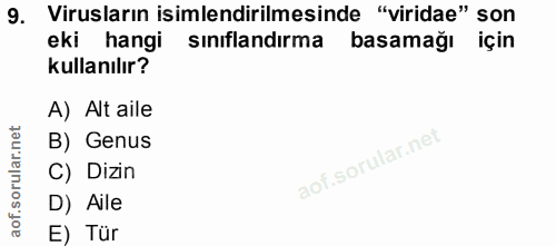 9. soru: Virusların isimlendirilmesinde "viridae" son eki hangi sınıflandırma basamağı için kullanılır? A) Alt aile B) Genus C…
