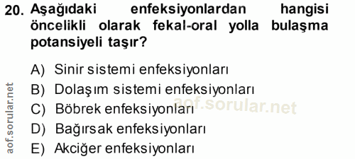 20. soru: Aşağıdaki enfeksiyonlardan hangisi öncelikli olarak fekal-oral yolla bulaşma potansiyeli taşır? A) Sinir sistemi enfe…