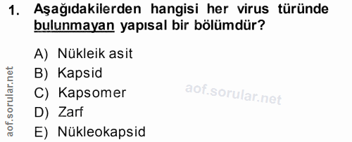 1. soru: Aşağıdakilerden hangisi her virus türünde bulunmayan yapısal bir bölümdür? A) Nükleik asit B) Kapsid C) Kapsomer D) Z…