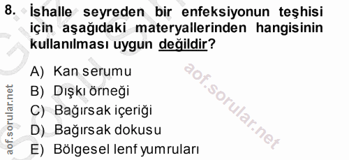 8. soru: İshalle seyreden bir enfeksiyonun teşhisi için aşağıdaki materyallerinden hangisinin kullanılması uygun değildir? A)…