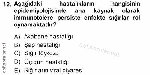 12. soru: Aşağıdaki hastalıkların hangisinin pidemiyolojisinde ana kaynak olarak immunotolere persiste enfekte sığırlar rol oyn…