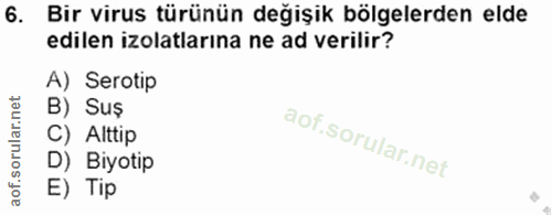 6. soru: Bir virus türünün değişik bölgelerden elde edilen izolatlarina ne ad verilir? A) Serotip B) Suş C) Alttip D) Biyotip…