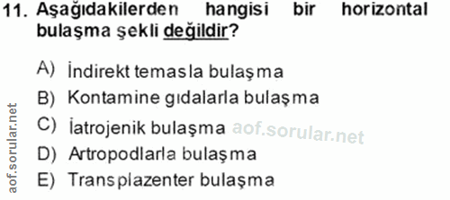 11. soru: Aşağıdakilerden hangisi bir horizontal bulaşma şekli değildir? A) İndirekt temasla bulaşma B) Kontamine gidalarla bul…