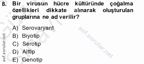 8. soru: Bir virusun hücre kültüründe çoğalma özellikleri dikkate alınarak oluşturulan gruplarina ne ad verilir? A) Serovaryan…