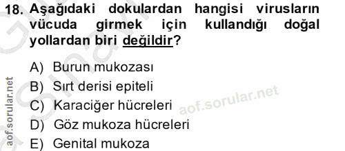 18. soru: Aşağıdaki dokulardan hangisi virusların vücuda girmek için kullandığı doğal yollardan biri değildir? A) Burun mukozas…