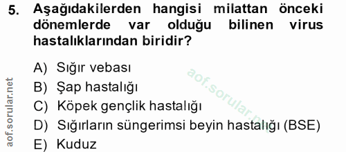 5. soru: Aşağıdakilerden hangisi milattan önceki dönemlerde var olduğu bilinen virus hastalıklarından biridir? A) Sığır vebası…