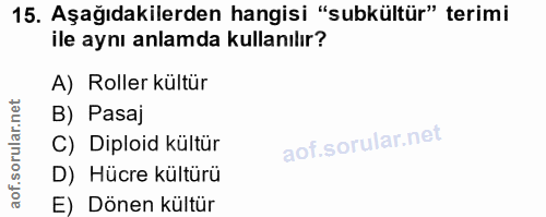15. soru: Aşağıdakilerden hangisi "subkültür" terimi ile aynı anlamda kullanılır? A) Roller kültür B) Pasaj C) Diploid kültür D…