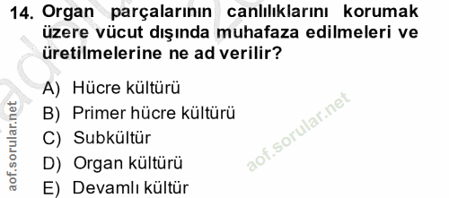 14. soru: Organ parçalarının canlılıklarını korumak üzere vücut dışında muhafaza edilmeleri ve üretilmelerine ne ad verilir? A)…