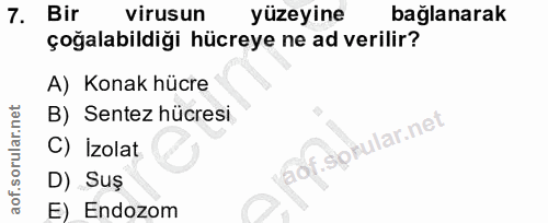 7. soru: Bir virusun yüzeyine bağlanarak çoğalabildiği hücreye ne ad verilir? A) Konak hücre B) Sentez hücresi C) İzolat aof.s…