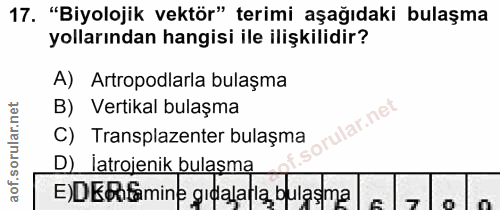 17. soru: "Biyolojik vektör" terimi aşağıdaki bulaşma yollarından hangisi ile ilişkilidir? A) Artropodlarla bulaşma B) Vertikal…
