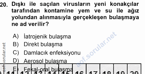 20. soru: Dışkı ile saçılan virusların yeni konakçılar tarafından kontamine yem ve su ile ağız yolundan alınmasıyla gerçekleşen…