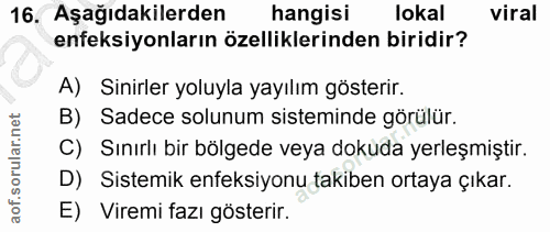 16. soru: Aşağıdakilerden hangisi lokal viral enfeksiyonların özelliklerinden biridir? A) Sinirler yoluyla yayılım gösterir. B)…