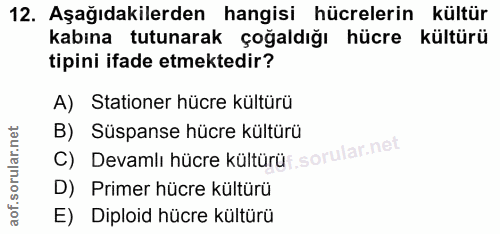 12. soru: Aşağıdakilerden hangisi hücrelerin kültür kabına tutunarak çoğaldığı hücre kültürü tipini ifade etmektedir? A) Statio…