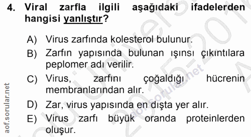 4. soru: Viral zarfla ilgili aşağıdaki ifadelerden hangisi yanlıştır? A) Virus zarfında kolesterol bulunur. B) Zarfın yapısınd…