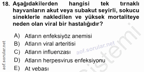 18. soru: Aşağıdakilerden hangisi tek tırnaklı hayvanların akut veya subakut seyirli, sokucu sineklerle nakledilen ve yüksek mo…