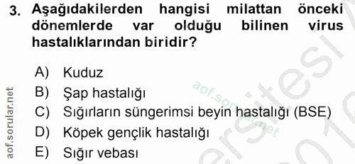 3. soru: Aşağıdakilerden hangisi milattan önceki dönemlerde var olduğu bilinen virus hastalıklarından biridir? A) Kuduz B) Şap…