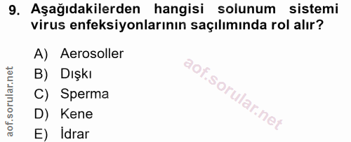 9. soru: Aşağıdakilerden hangisi solunum sistemi virus enfeksiyonlarının saçılımında rol alır? A) Aerosoller B) Dışkı C) Sperm…