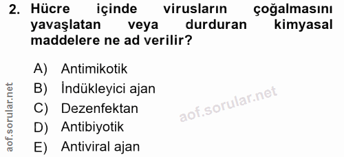 2. soru: Hücre içinde virusların çoğalmasını yavaşlatan veya durduran kimyasal maddelere ne ad verilir? A) Antimikotik B) İndü…