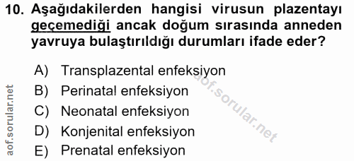 10. soru: Aşağıdakilerden hangisi virusun plazentayı geçemediği ancak doğum sırasında anneden yavruya bulaştırıldığı durumları…