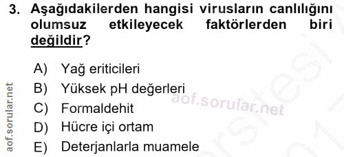 3. soru: Aşağıdakilerden hangisi virusların canlılığını olumsuz etkileyecek faktörlerden biri değildir? A) Yağ eriticileri B)…