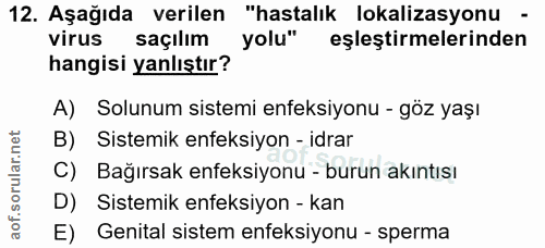 12. soru: Aşağıda verilen "hastalık lokalizasyonu - virus saçılım yolu" eşleştirmelerinden hangisi yanlıştır? A) Solunum sistem…