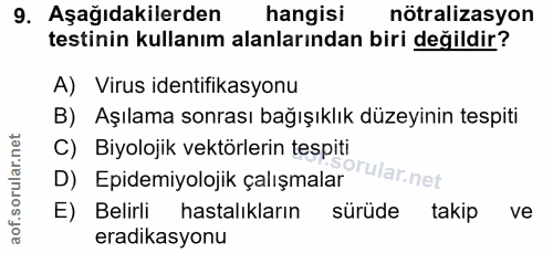 9. soru: Aşağıdakilerden hangisi nötralizasyon testinin kullanım alanlarından biri değildir? A) Virus identifikasyonu B) Aşıla…