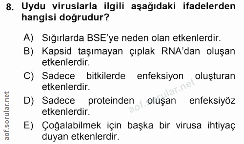 8. soru: Uydu viruslarla ilgili aşağıdaki ifadelerden hangisi doğrudur? A) Sığırlarda BE'ye neden olan etkenlerdir. B) Kapsid…