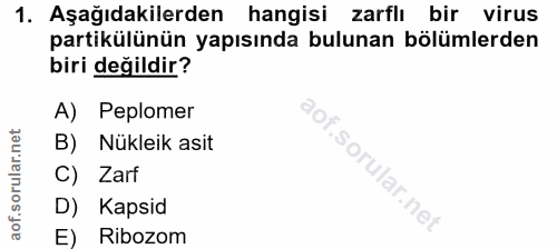 1. soru: Aşağıdakilerden hangisi zarflı bir virus partikülünün yapısında bulunan bölümlerden biri değildir? A) Peplomer B) Nük…