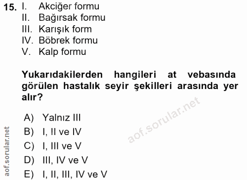 15. soru: I Akciğer formu Il. Bağırsak formu IlI. Karışık form IV. Böbrek formu V. Kalp formu Yukarıdakilerden hangileri at veb…