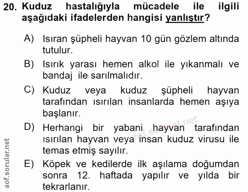 20. soru: Kuduz hastalığıyla mücadele ile ilgili aşağıdaki ifadelerden hangisi yanlıştır? A) Isıran şüpheli hayvan 10 gün gözle…