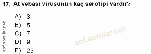 17. soru: At vebası virusunun kaç serotipi vardır? A) 3 B) 5 C) 7 D) 9 E) 25