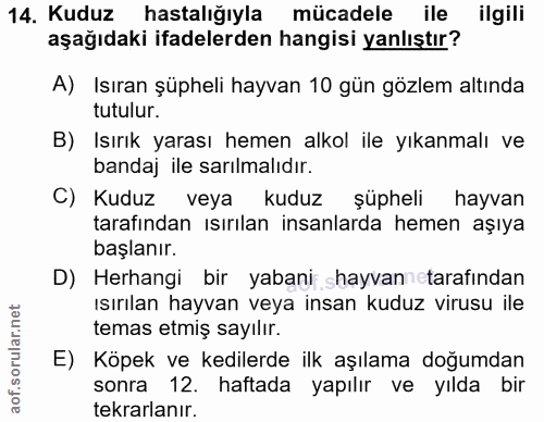 14. soru: Kuduz hastalığıyla mücadele ile ilgili aşağıdaki ifadelerden hangisi yanlıştır? A) Isıran şüpheli hayvan 10 gün gözle…