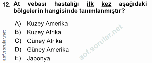12. soru: At vebası hastalığı ilk kez aşağıdaki bölgelerin hangisinde tanımlanmıştır? A) Kuzey Amerika B) Kuzey Afrika C) Güney…
