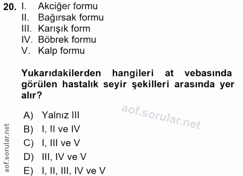 20. soru: 1. Akciğer formu Il. Bağırsak formu IlI. Karışık form IV. Böbrek formu V. Kalp formu Yukarıdakilerden hangileri at ve…