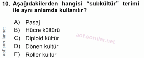 10. soru: Aşağıdakilerden hangisi "subkültür" terimi ile aynı anlamda kullanılır? A) Pasaj B) Hücre kültürü C) Diploid kültür D…
