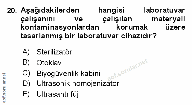 20. soru: Aşağıdakilerden hangisi laboratuvar çalışanını ve çalışılan materyali kontaminasyonlardan korumak üzere tasarlanmış b…