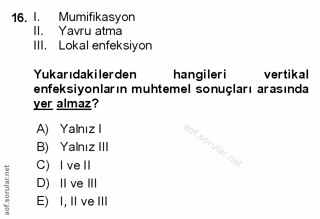 16. soru: 1. Mumifikasyon Yavru atma IlI. Lokal enfeksiyon Yukarıdakilerden hangileri vertikal enfeksiyonların muhtemel sonuçla…