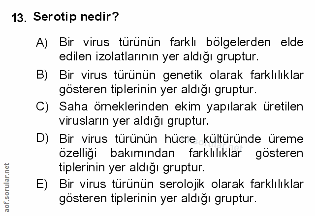 13. soru: Serotip nedir? A) Bir virus turünün farklı bolgelerden elde edilen izolatlarının yer aldığı gruptur. B) Bir virus tür…