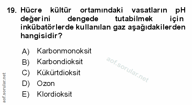19. soru: Hücre kültür ortamındaki vasatların pH değerini dengede tutabilmek için inkübatörlerde kullanılan gaz aşağıdakilerden…