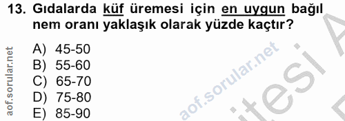 13. soru: Gıdalarda küf üremesi için en uygun bağıl nem oranı yaklaşık olarak yüzde kaçtır? A) 45-50 B) 55-60 C) 65-70 esil D)…